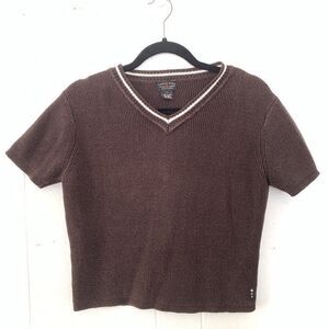 Vtg American Eagle Womens Large Sweater Shirt Ribbed Brown Crop V Neck Y2K